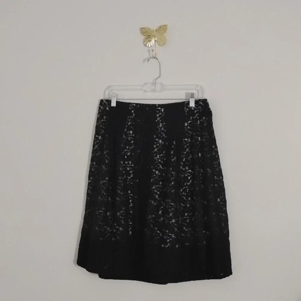 Talbots Black Midi Skirt Floral Lace Overlay Nude Illusion Feminine A Line Pleat